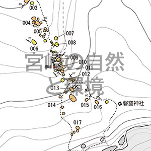 双石山小谷登山道に点在する巨石群の分布